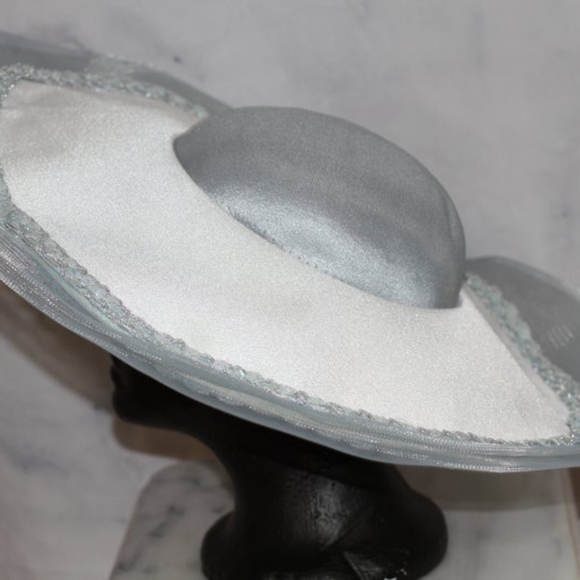 White & Blue Satin Large Brim Bowler Hat (7 3/ main image 5